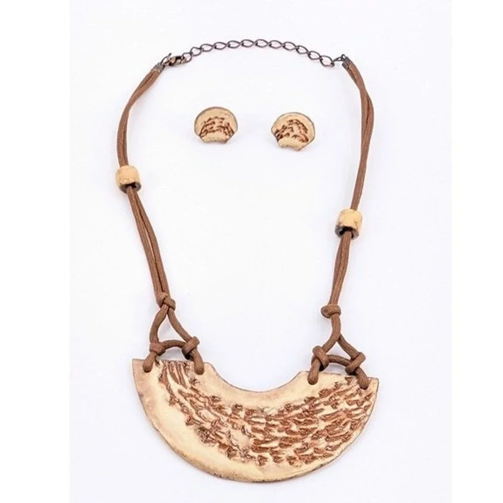 VTG Peru Handmade Ceramic Studio Art Pottery Bib Necklace Earrings Set Brutalist
